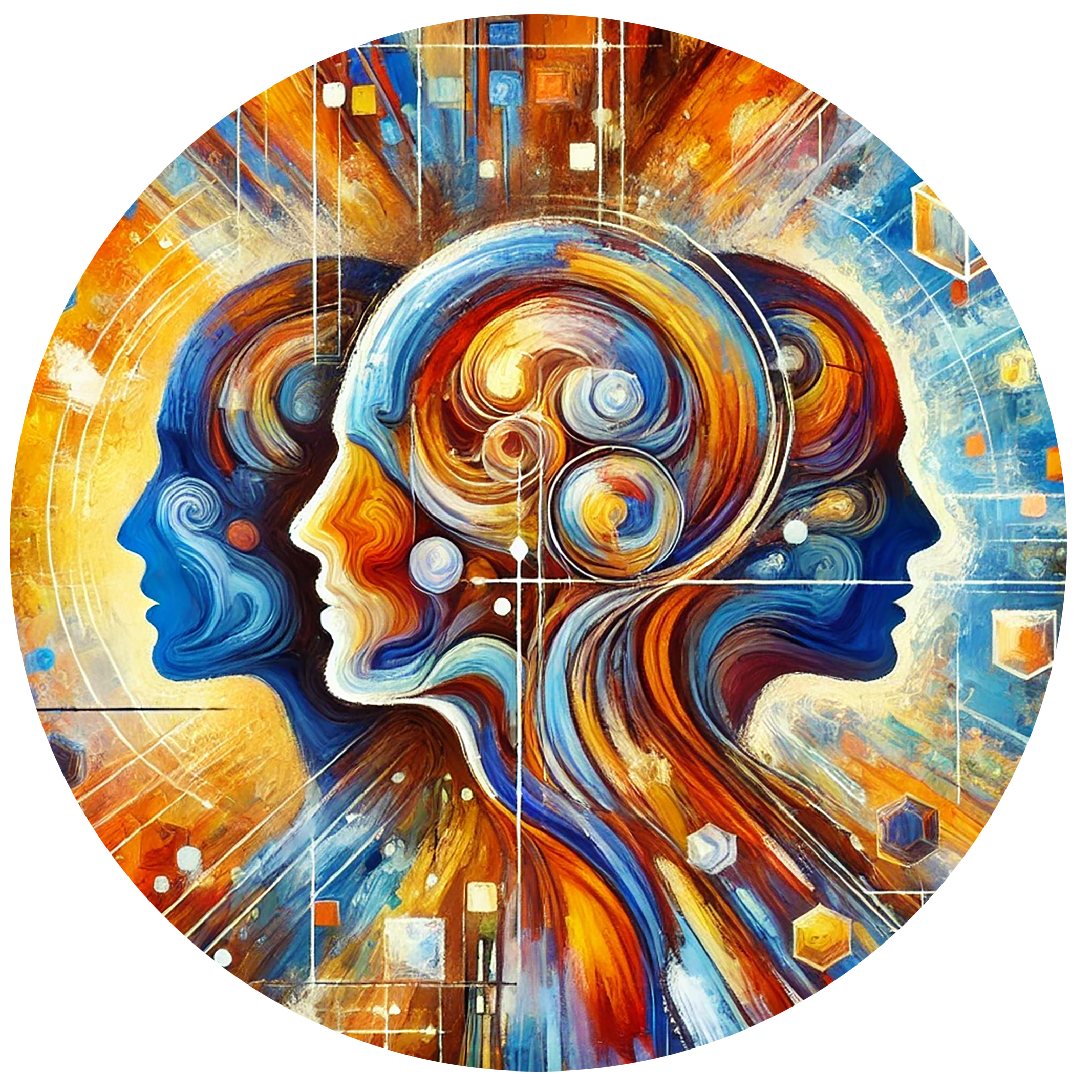 Abstract digital art shows a profile of multiple heads with colorful, interconnected designs, symbolizing teamwork and diversity.