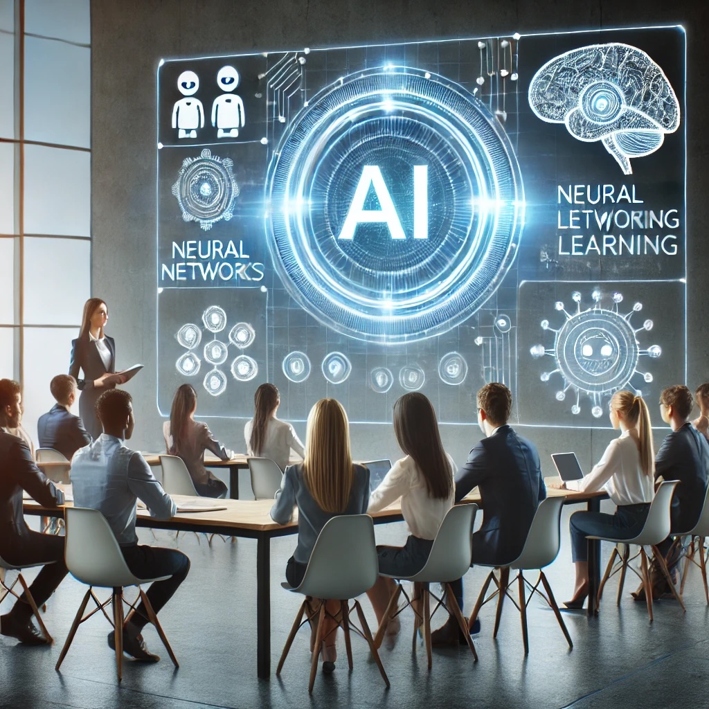 A classroom setting with a futuristic digital board displaying "AI," neural network concepts, and human-computer interaction. The presentation involves an instructor explaining artificial intelligence topics.