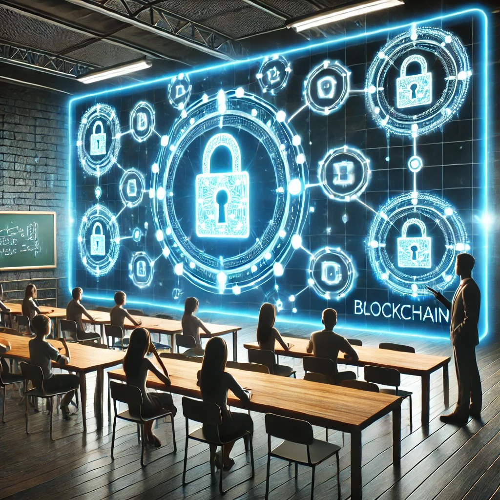 A classroom environment featuring a large illuminated display about blockchain technology, highlighting secure locks and interconnected nodes representing the blockchain network.