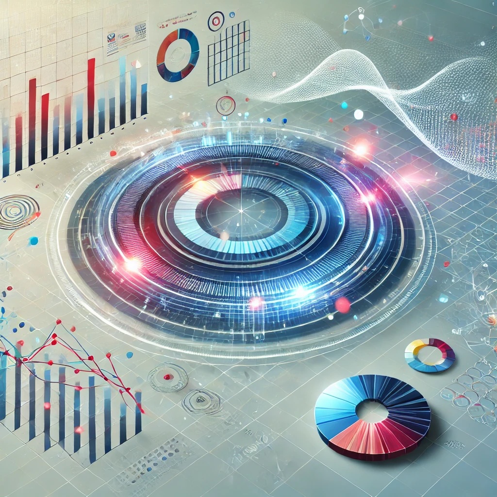 A high-tech visualization of data science concepts featuring circular data charts, bar graphs, and interconnected nodes in a futuristic design, representing analytics and big data.