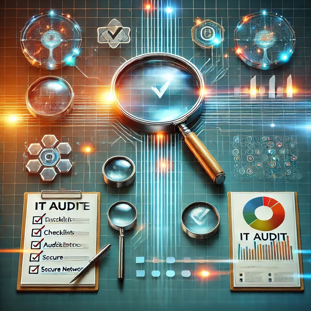 A futuristic IT audit concept with a clipboard showing a checklist, magnifying glasses highlighting network and security components, and digital graphics illustrating data analysis and system security.