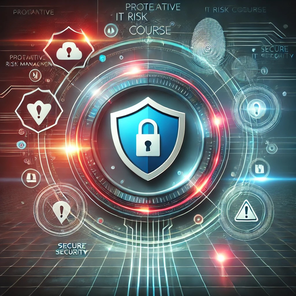 A conceptual representation of IT risk management with a shield icon symbolizing cybersecurity, surrounded by warning icons and futuristic visual elements indicating security protocols and risk mitigation strategies.