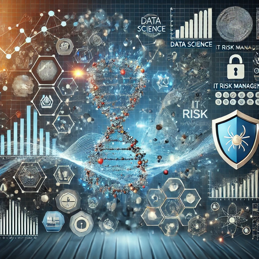 A digital artwork representing data science and IT risk management. The left side showcases flowing datasets, interconnected nodes, and analytics graphs symbolizing data science. The right side features shield-like icons, warning symbols, and structured frameworks to signify IT risk management. Both elements are integrated into a harmonious, tech-inspired design.