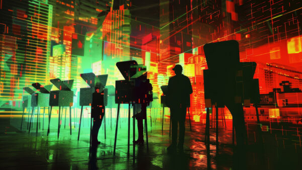 A futuristic, digitally rendered scene depicting silhouetted figures standing at voting machines, surrounded by bright green and red neon lights, symbolizing secure voting systems and the digital nature of election security.