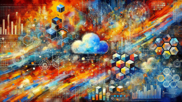 A vibrant digital artwork featuring clouds, geometric hexagons, and abstract colorful streaks, representing cybersecurity, cloud computing, and intelligence-led strategies in a digital defense environment.