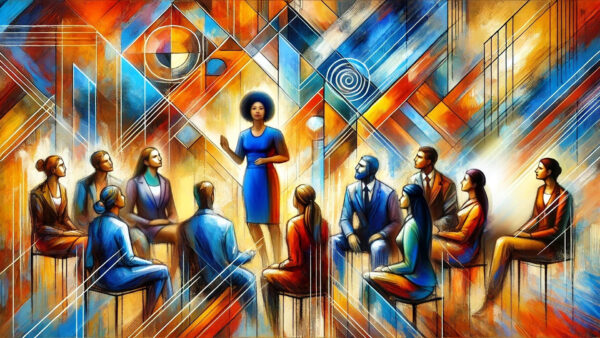 A vibrant scene of people sitting in a circle engaged in discussion, with a standing figure presenting. The background features abstract, colorful geometric patterns symbolizing collaboration, leadership, and communication.