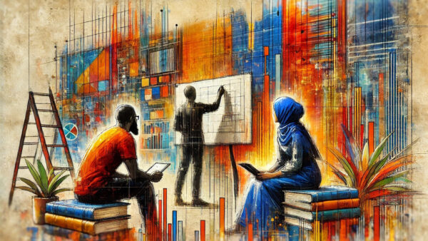 A creative workspace featuring two individuals sitting on stacks of books while working on laptops. Surrounding them are abstract artistic elements, potted plants, and ladders, symbolizing creativity, editing, and progress in the publishing industry.