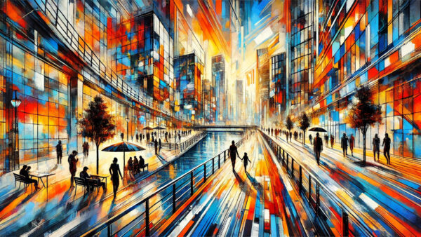 A vibrant digital artwork of a futuristic cityscape with colorful, geometric buildings, wide walkways, and waterways. People are seen walking, sitting, and interacting in an urban environment filled with sunlight and trees, symbolizing sustainability, community, and modern urban planning.