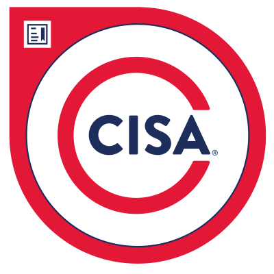 Red circle with squared off area on the top left with a certificate icon. In the center of the circle is another red circle with a segment removed on the right hand side. In the middle of this circle are the letters "CISA" in black.
