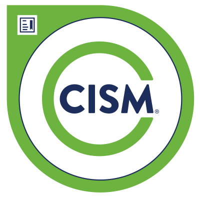 Green circle with squared off area on the top left with a certificate icon. In the center of the circle is another green circle with a segment removed right the right hand side. In the middle of this circle are the letters "CISM" in black.