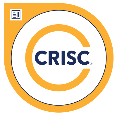 Orange circle with squared off area on the top left with a certificate icon. In the center of the circle is another orange circle with a segment removed on the right hand side. In the middle of this circle are the letters "CRISC" in black.