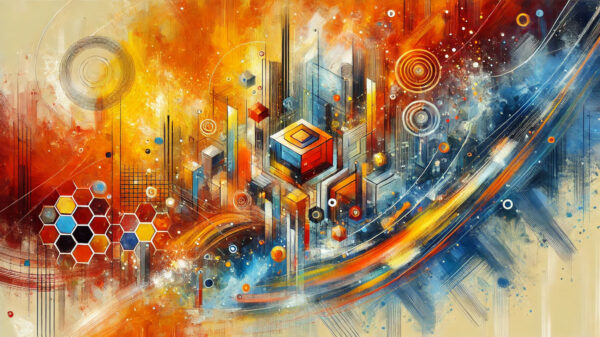 A futuristic digital landscape with bright swirling orange and blue streaks, abstract hexagonal patterns, and geometric structures. The design represents innovation, learning, and re-entering academic or professional pathways.
