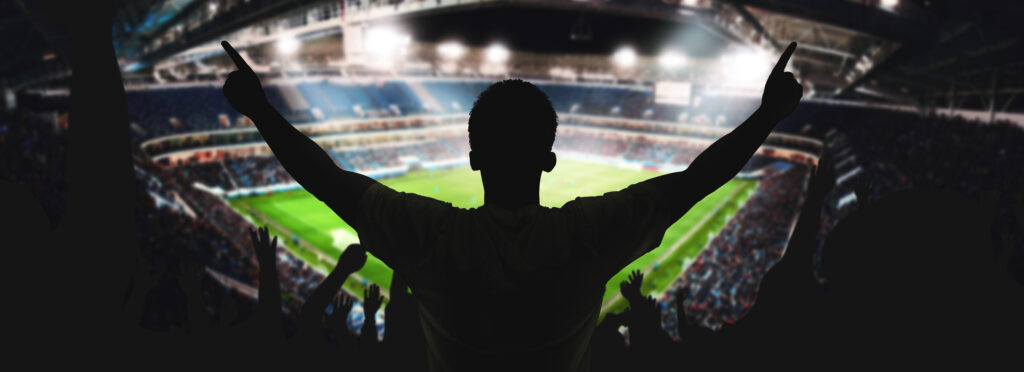 Silhouette of a cheering fan with arms raised in a packed, brightly lit soccer stadium, overlooking the green field and surrounding crowd during a live match.