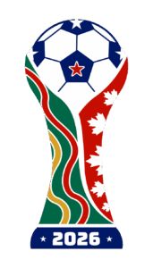 Stylized trophy-shaped emblem for the 2026 FIFA World Cup featuring a soccer ball with a red star at the center, blue and white stars at the top, and colorful wavy patterns in green, red, and gold. The right side includes red panels with white maple leaves, representing Canada. The base of the emblem reads “2026” in bold white numbers on a blue background with white stars on each side.