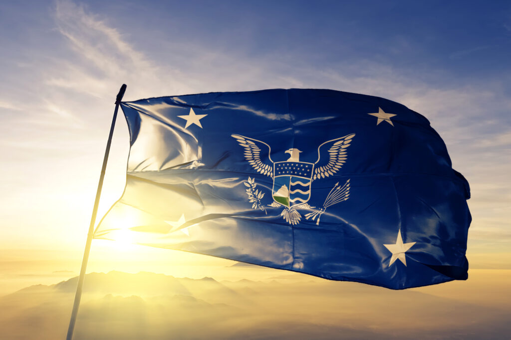 A flag waving at sunset with a blue design and an eagle emblem.