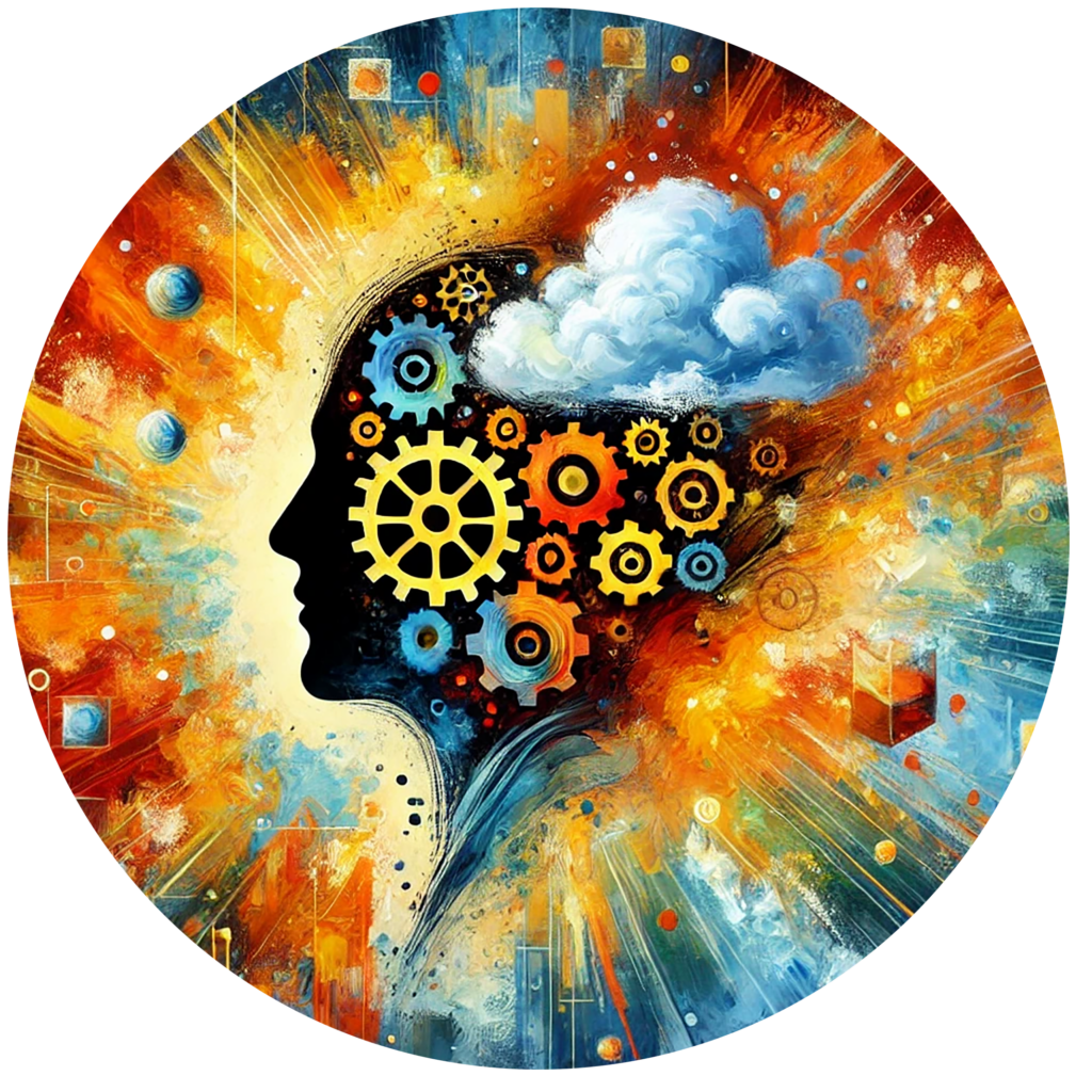 Vibrant digital artwork of a head with gears and clouds, representing creativity and innovation.