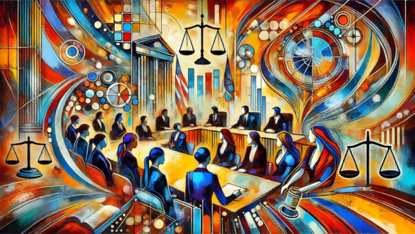 Stylized courtroom scene with judges and participants surrounded by swirling abstract elements, scales of justice symbols, and dynamic color patterns in orange and blue.