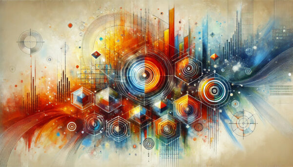 Futuristic data visualization with colorful geometric cubes, hexagonal patterns, and analytical graphics flowing through a digital space with orange and blue lighting.