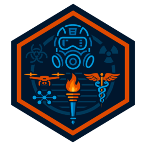 A gas mask with torch, medical shield and drone.