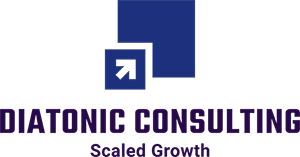 A square with the bottom-left corner cut out and moved down and to the left, an upward-right pointing arrow in the center. Underneath the graphic is the text "DIATONIC CONSULTING, Scaled Growth"