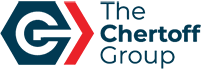 A "G" within a blue hexagon with a stylized arrow extending to the right to a red triangular parenthesis. To the right of the red paranthesis, stacked one on top of each other are the words "The Chertoff Group", with "Chertoff" emboldened.